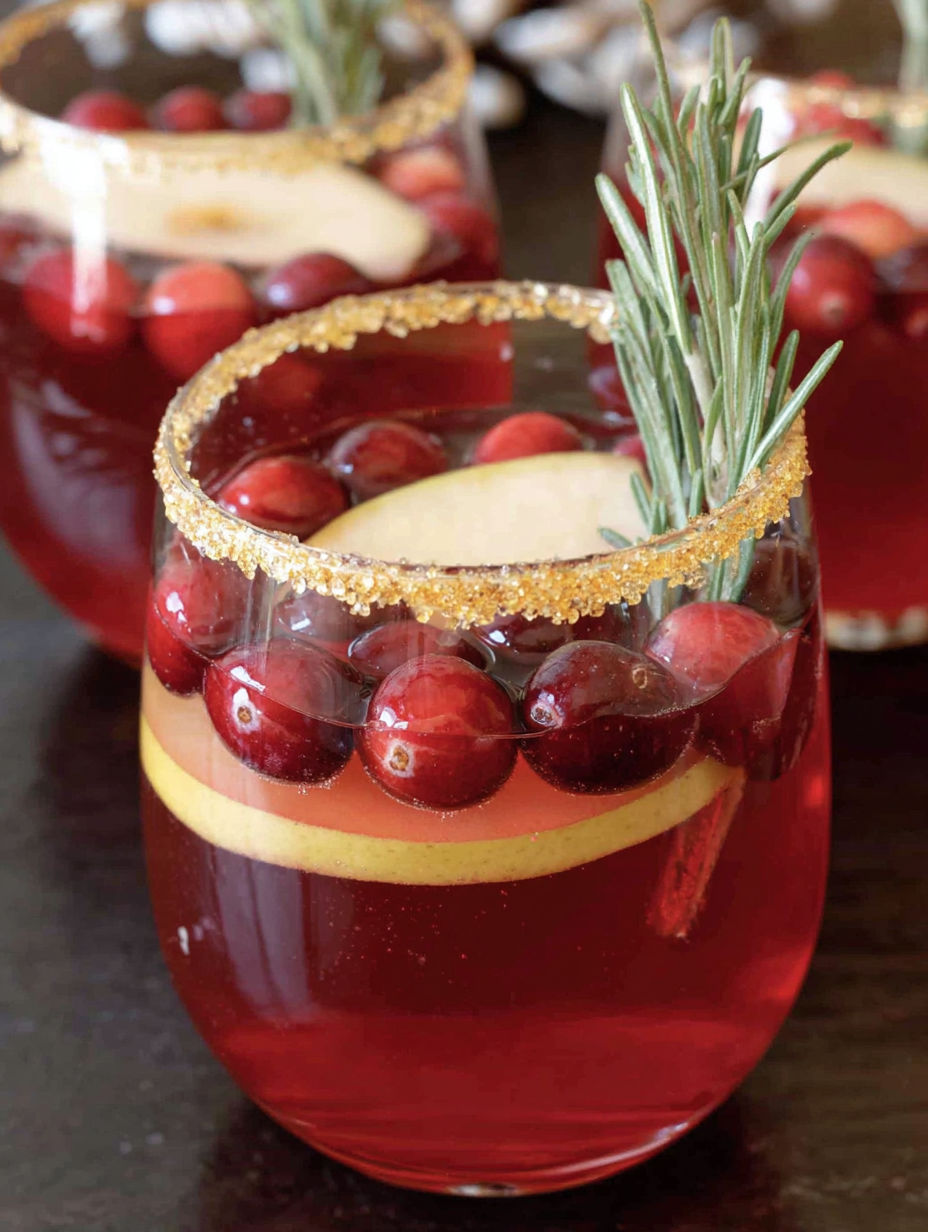 A glass of red wine with a slice of apple and a sprig of rosemary.