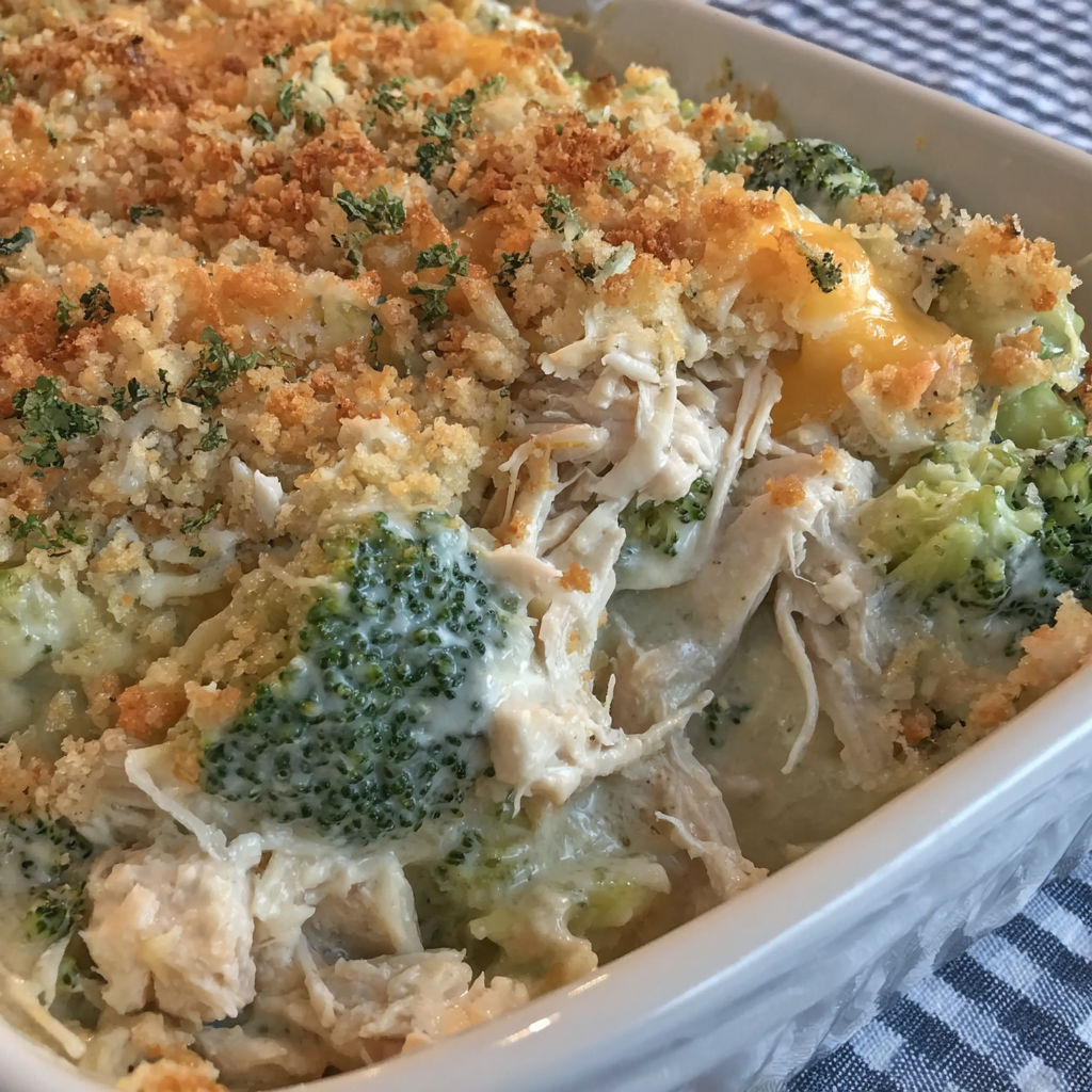 A dish of chicken divan with broccoli and cheese.