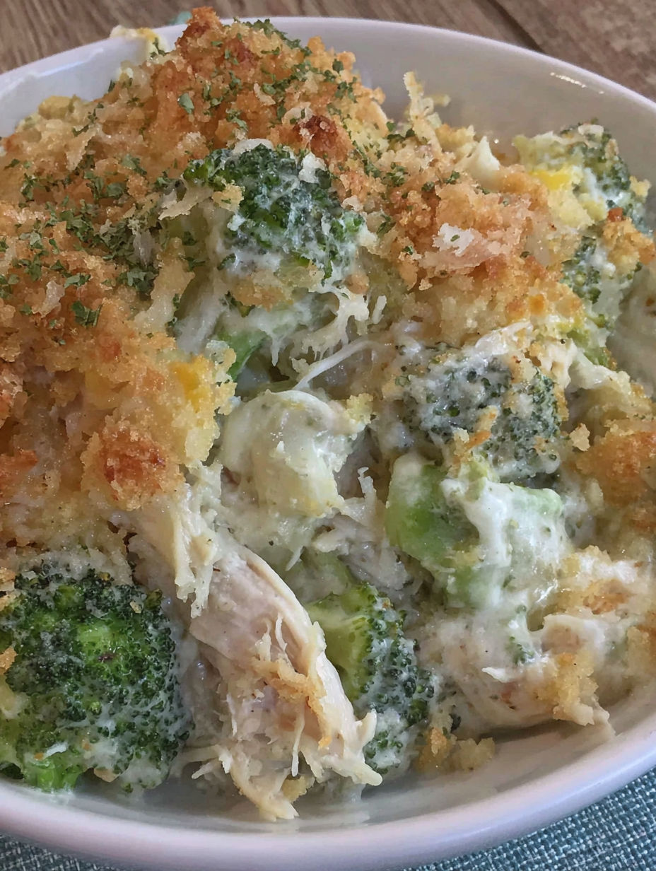 A bowl of chicken divan with broccoli and cheese.