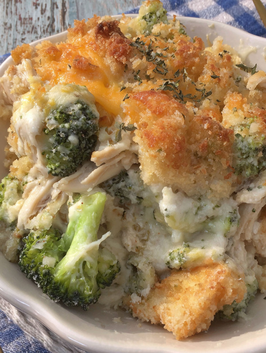 A bowl of chicken divan with broccoli and cheese.