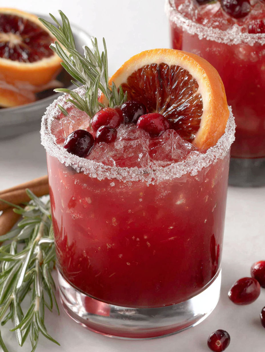 A glass of red wine with a slice of orange and a sprig of rosemary.