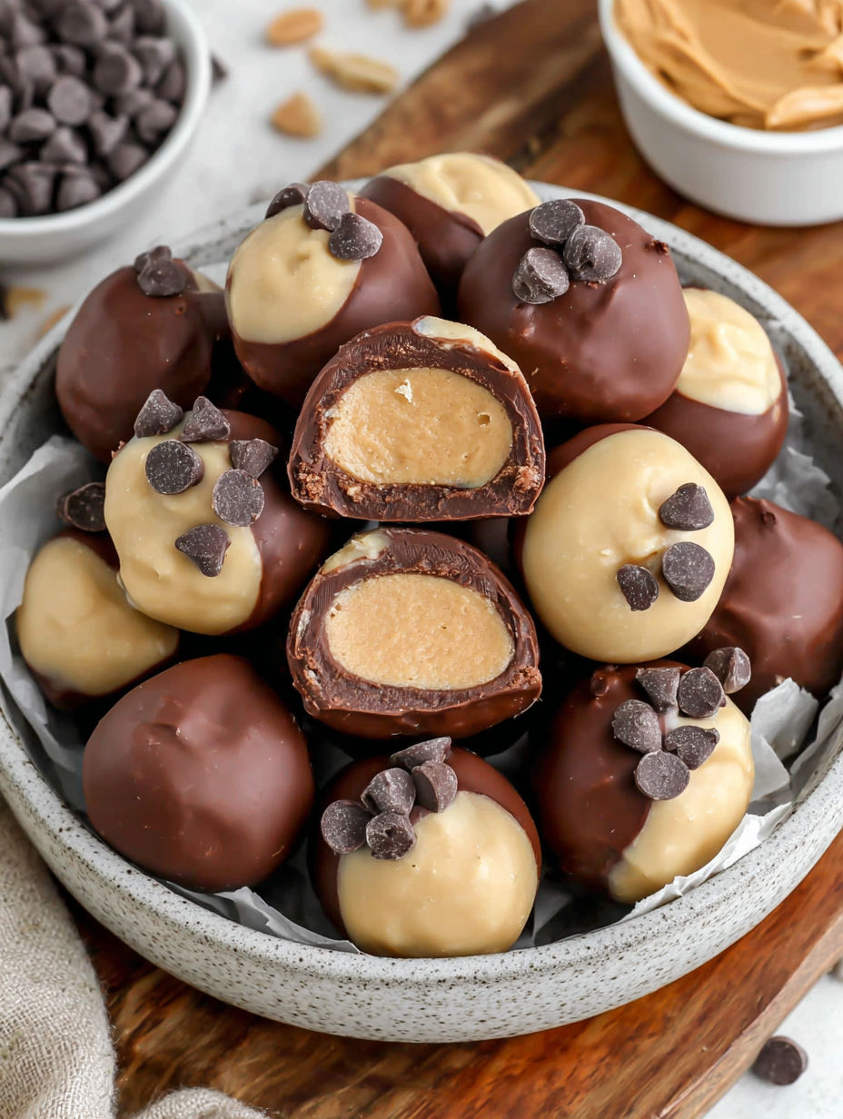 A plate of chocolate covered peanut butter balls.