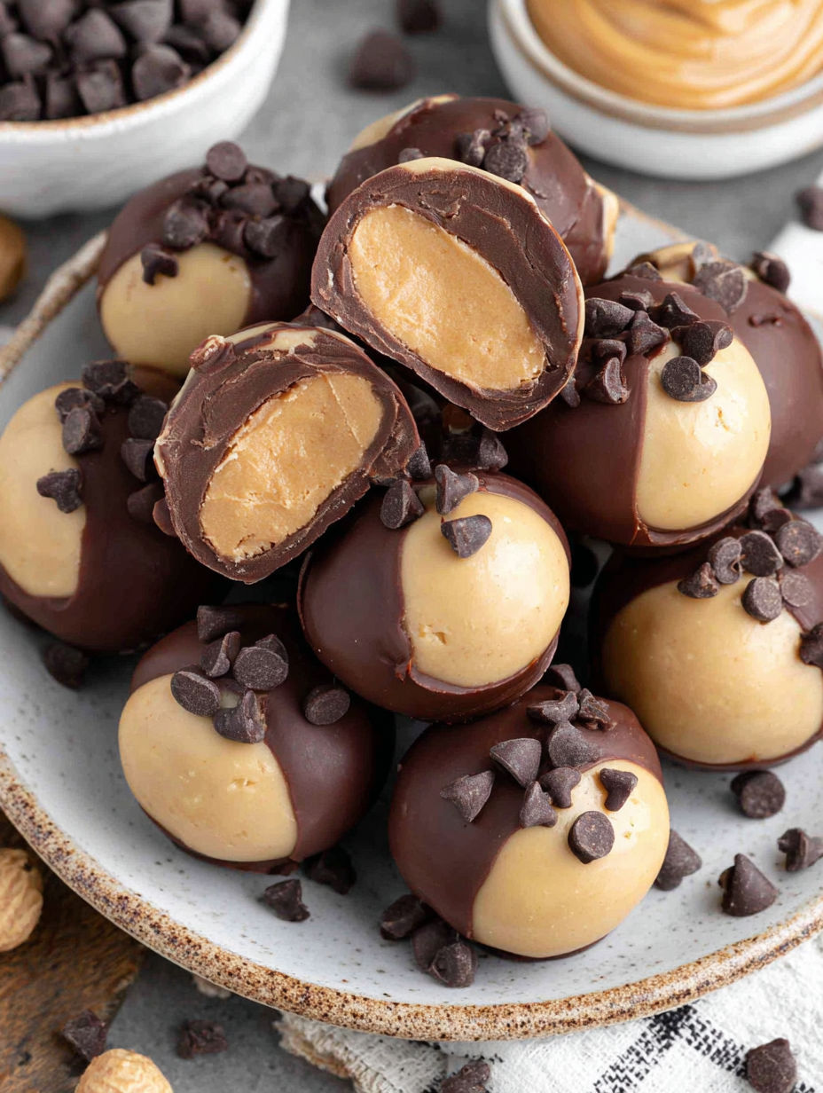 A plate of chocolate and peanut butter buckeyes.