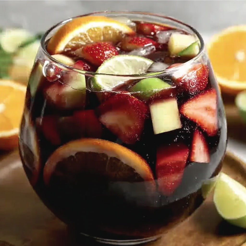 A glass of non-alcoholic sangria with fruit and orange slices.