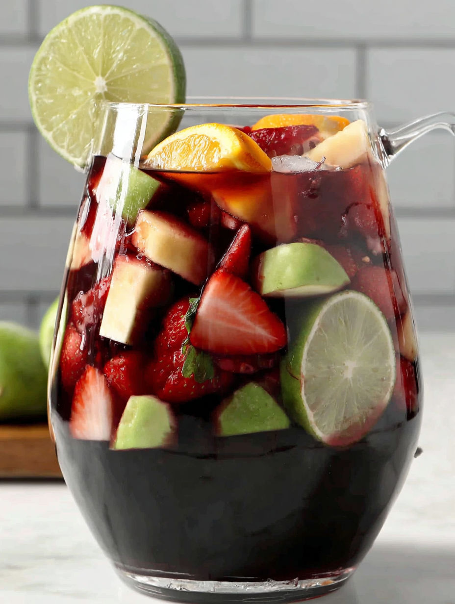 A glass of non-alcoholic sangria with fruit and lime.
