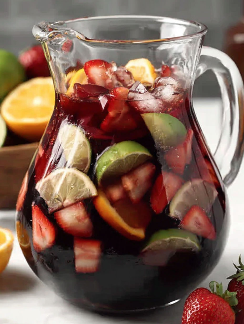 A pitcher of non-alcoholic sangria with strawberries, limes, and oranges.
