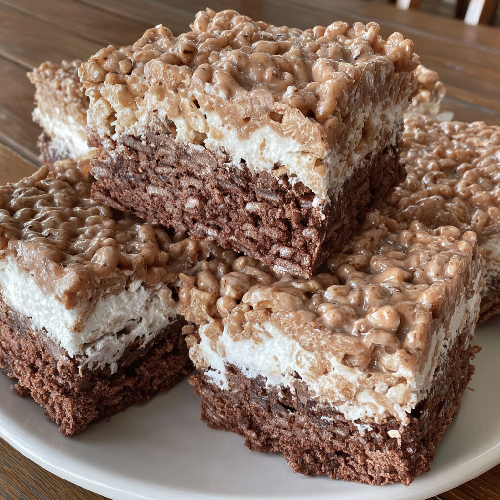 A plate of chocolate peanut butter crunch brownies.