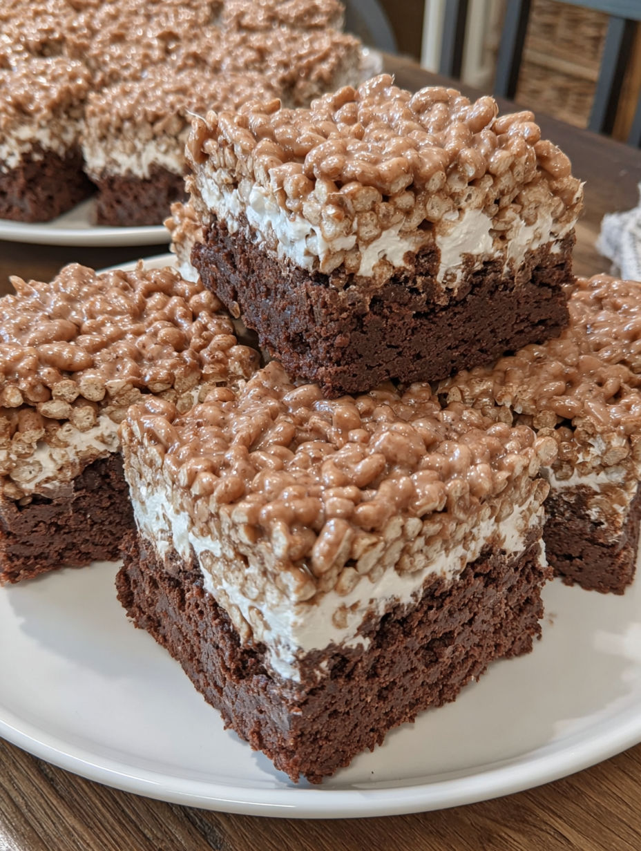 A stack of brownies with white frosting and cereal on top.