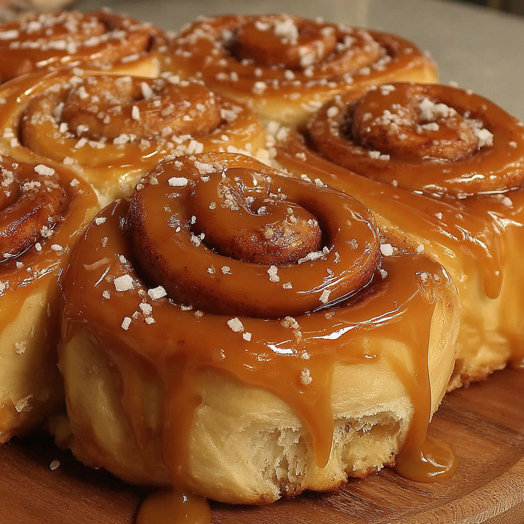 A plate of cinnamon rolls with caramel sauce drizzled on top.