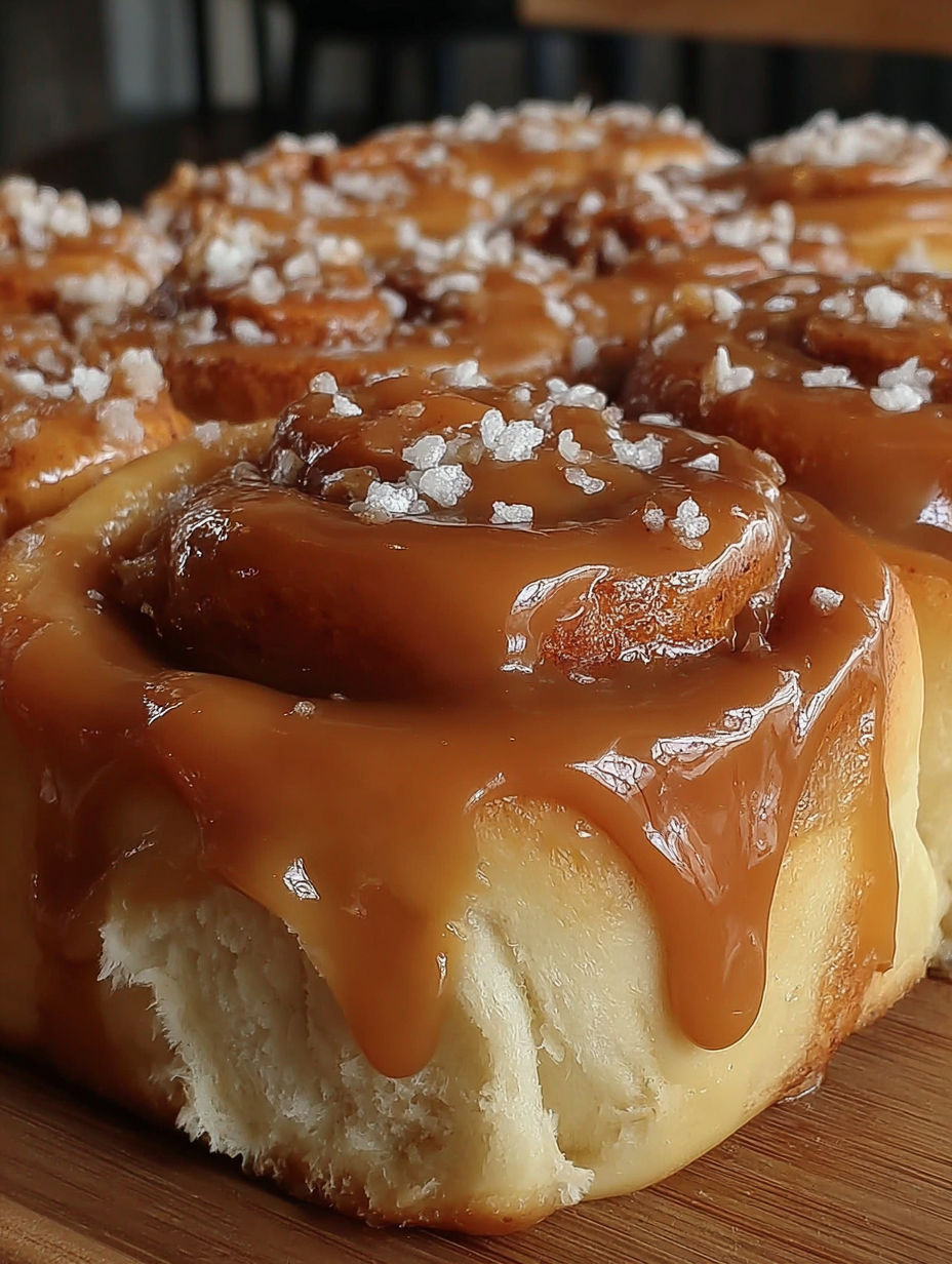 A close up of a cinnamon roll with caramel drizzled on top.