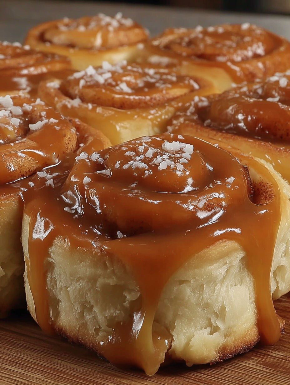 A close up of a cinnamon roll with caramel drizzled on top.