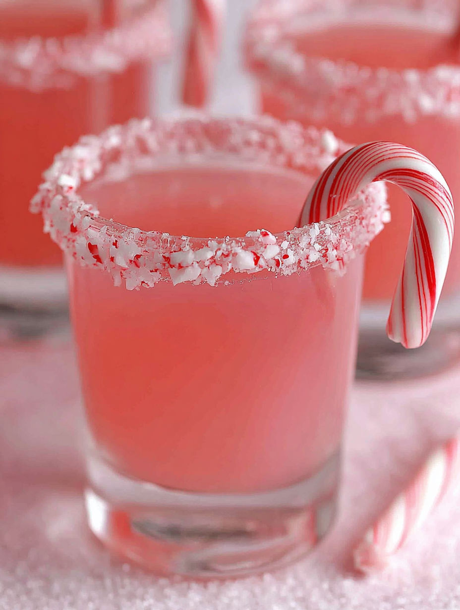 A glass of pink drink with a candy cane in it.