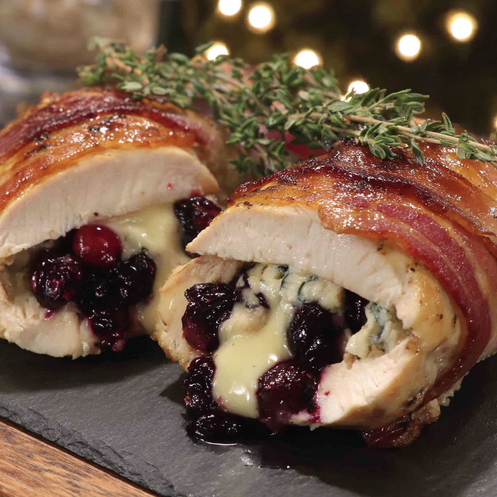 Two pieces of bacon wrapped chicken with cranberry and brie stuffing.