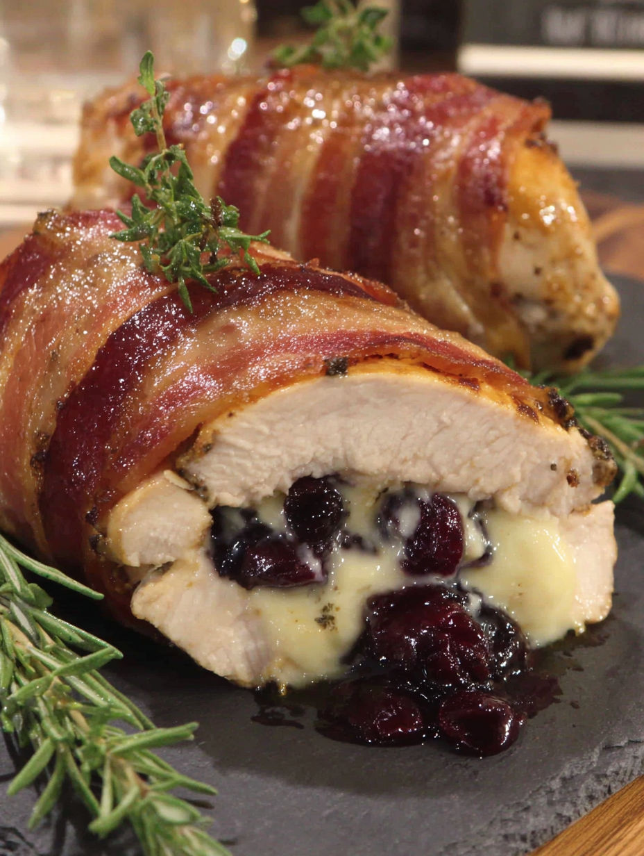 Bacon wrapped chicken with cranberry and brie stuffing.
