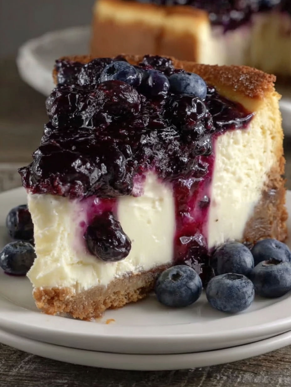 A slice of cake with blueberries on top.