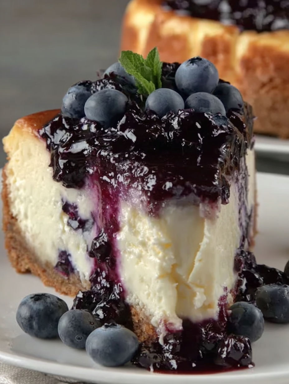 A slice of cheesecake with blueberries on top.