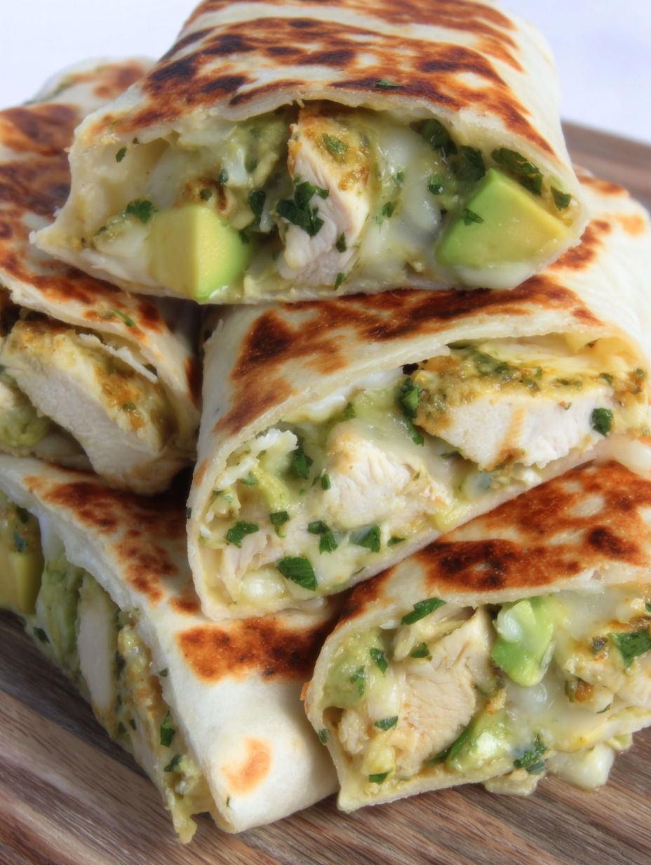 A stack of chicken burritos with avocado and cilantro.