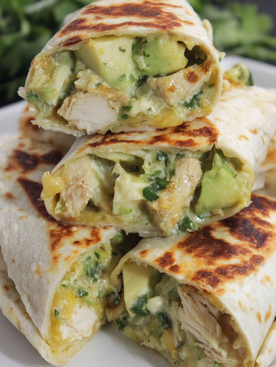 A stack of chicken burritos with avocado and green onions.