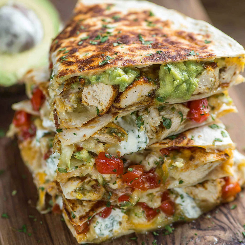 A stack of chicken avocado quesadillas.