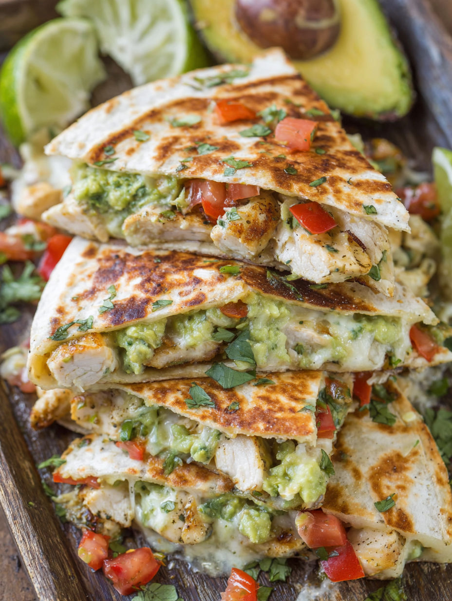 A stack of chicken tacos with avocado and tomato.