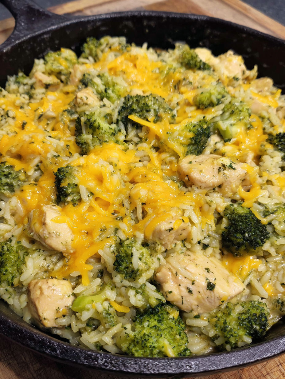 A dish of rice with chicken and broccoli.