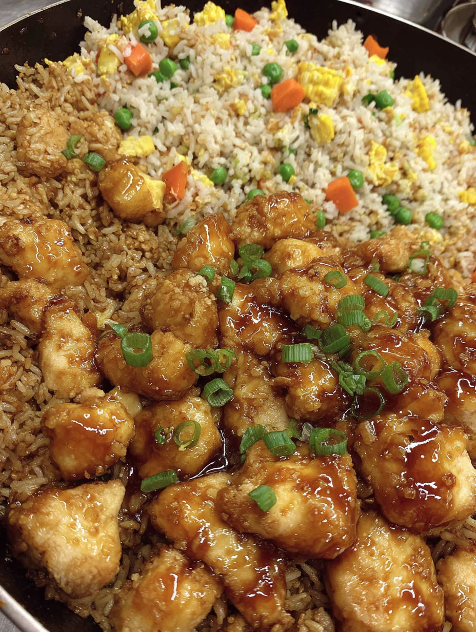 A plate of food with rice, chicken, and peppers.