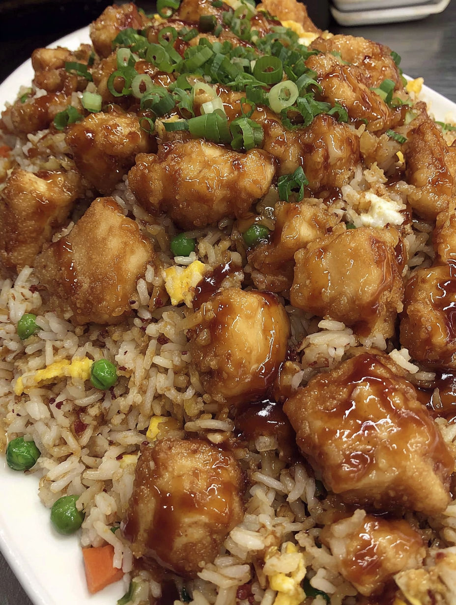 A plate of orange chicken fried rice.