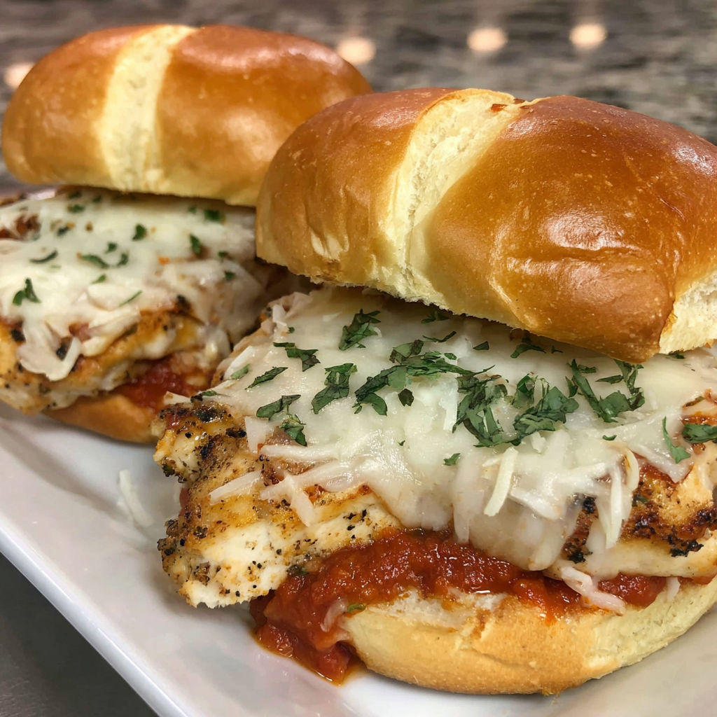 Two marinara chicken sandwiches on a plate.