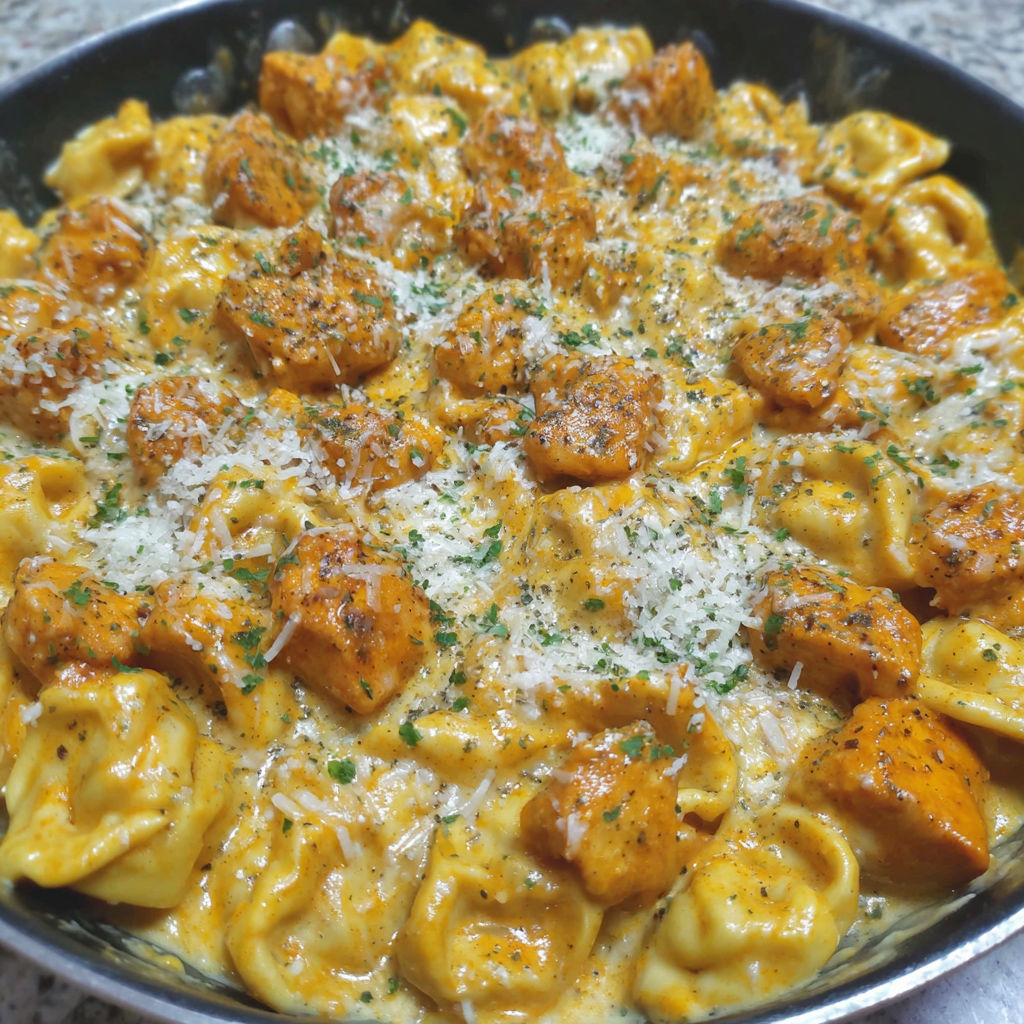 A plate of buffalo chicken tortellini alfredo.