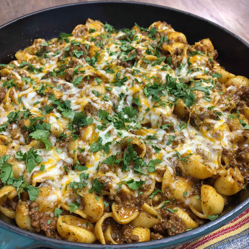A close up of a cheesy enchilada hamburger helper.