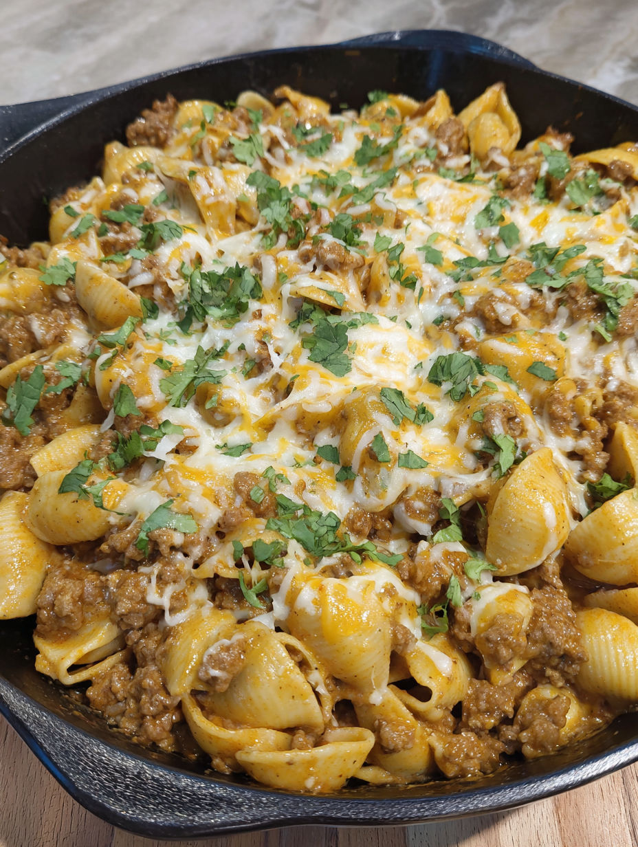 A bowl of pasta with meat and cheese.