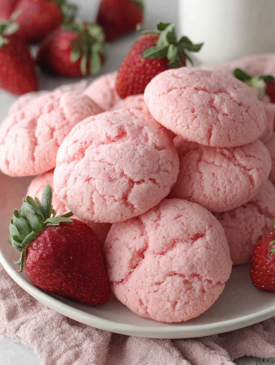 A plate of pink cookies with strawberries on top.