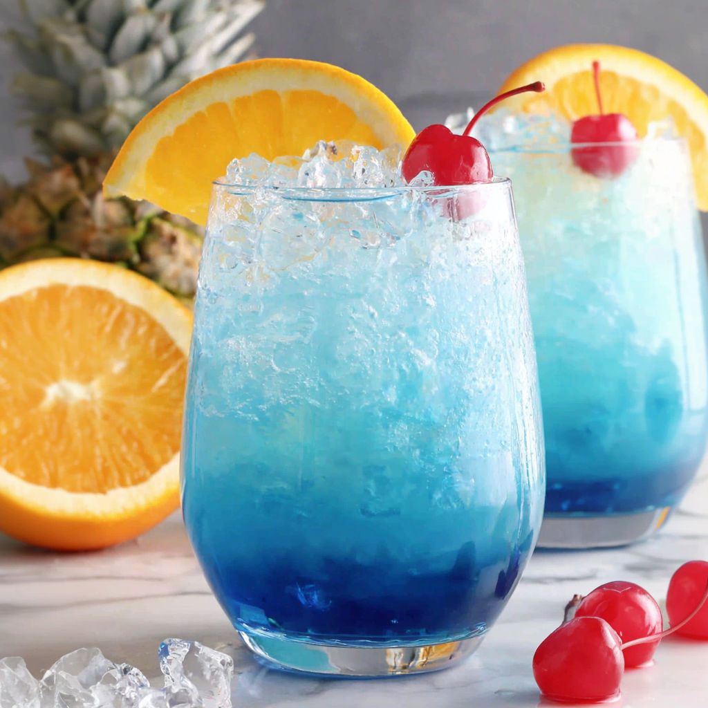 Two blue mocktails with orange slices and cherries.