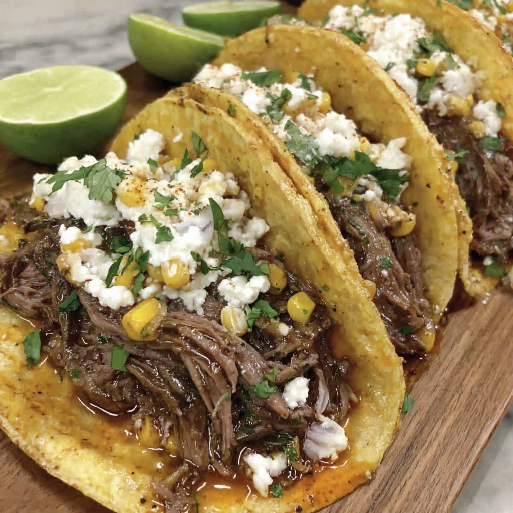 A plate of shredded beef tacos with corn and cheese.
