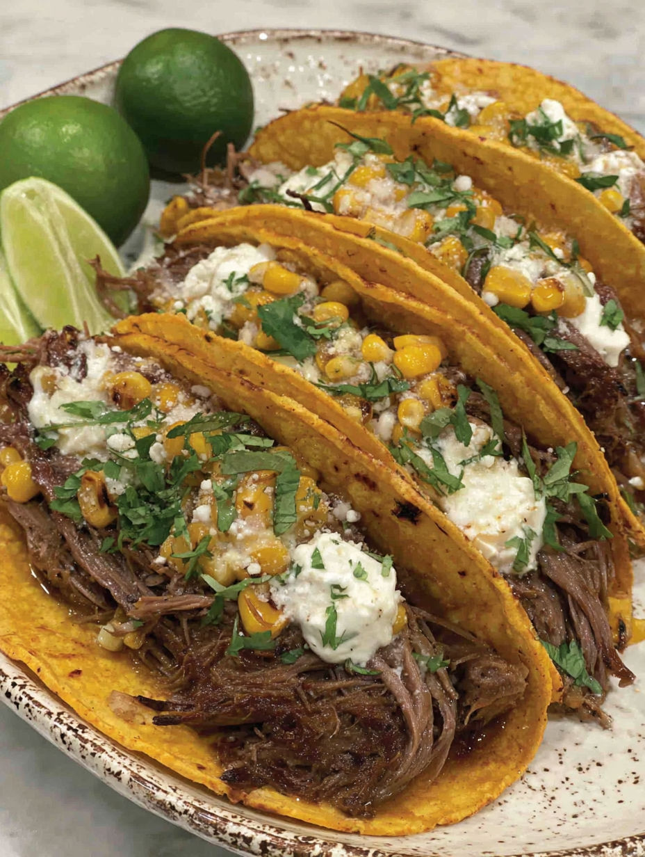 A plate of shredded beef tacos with corn and cheese.