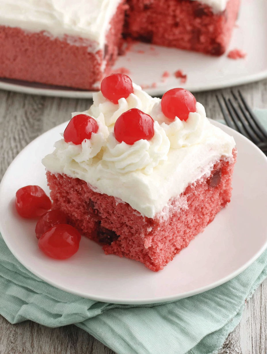 A slice of cake with cherries on top.
