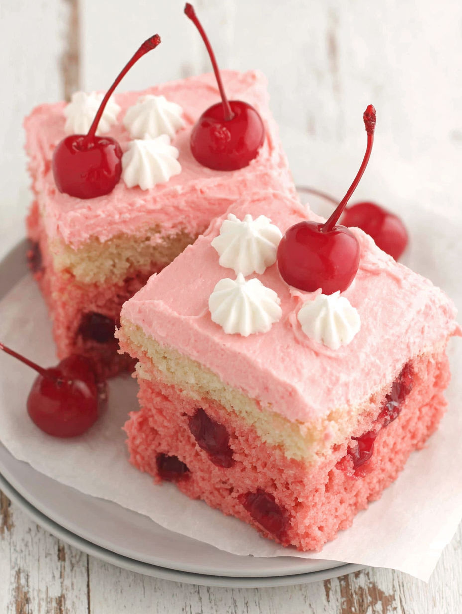 A slice of cake with cherries on top.