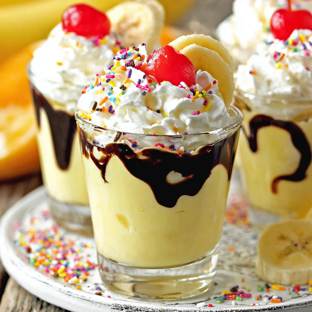 Three jello shots with bananas and chocolate.