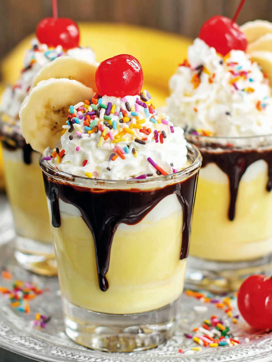 Banana split jello shots with chocolate and whipped cream.