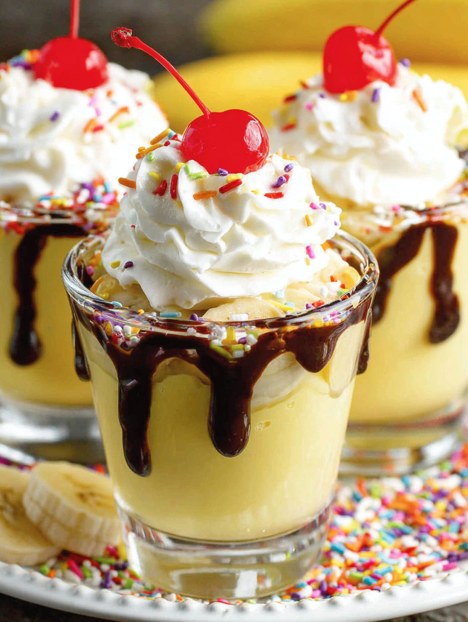 Banana split jello shots with chocolate drizzle.