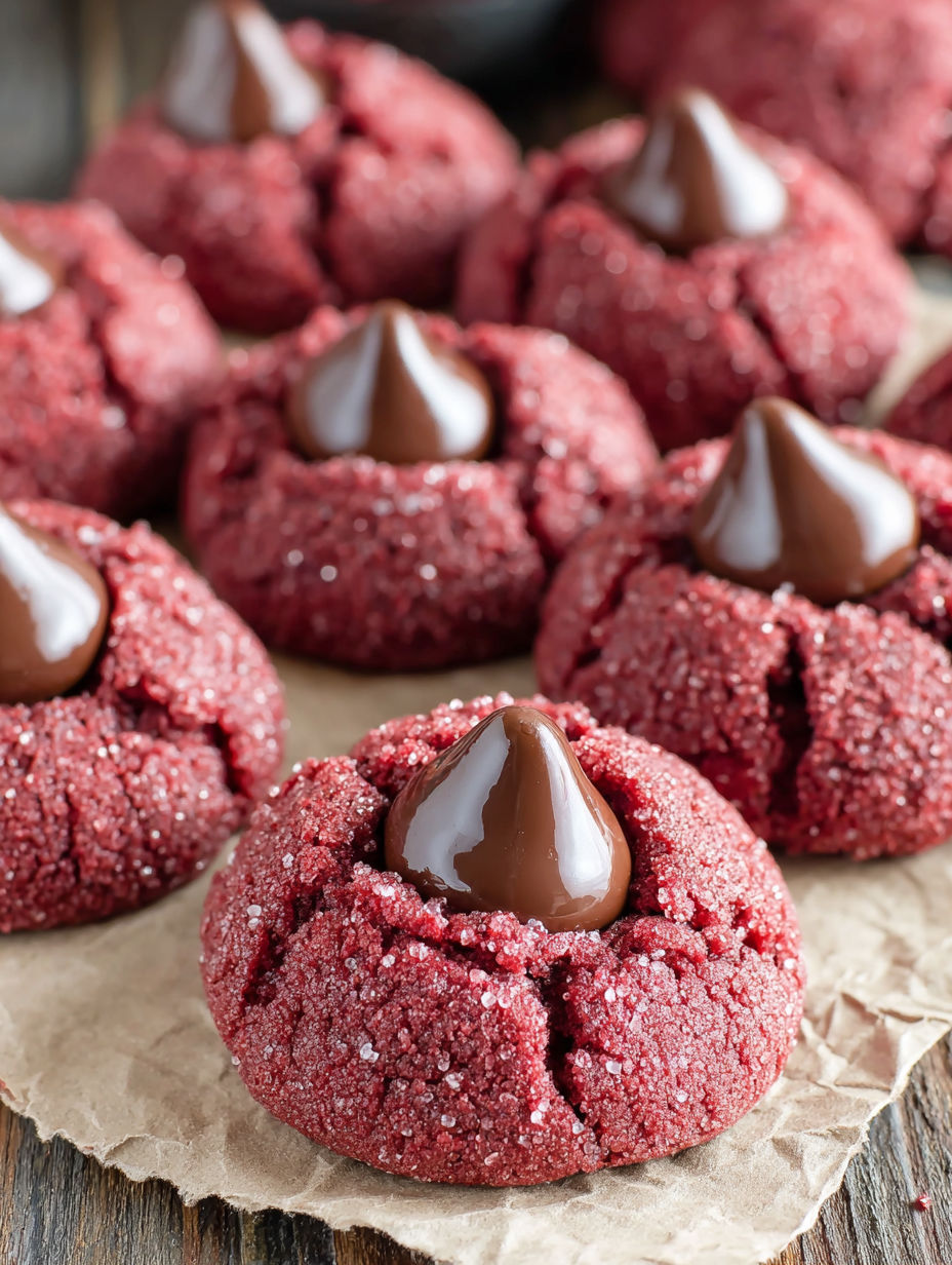 A close up of a red cookie with chocolate drizzled on top.