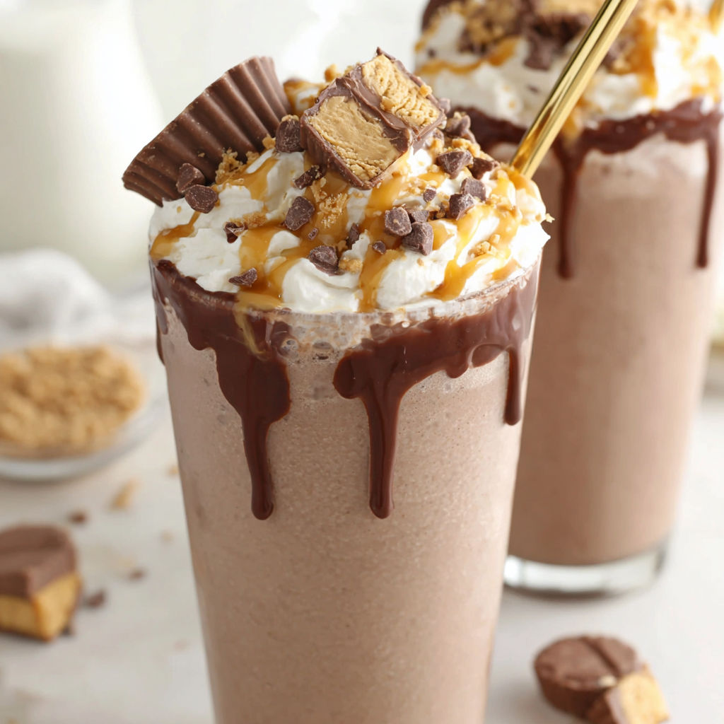 A glass of peanut butter frozen hot chocolate.