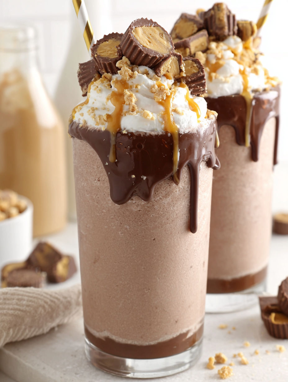 A chocolate milkshake with whipped cream and peanut butter on top.