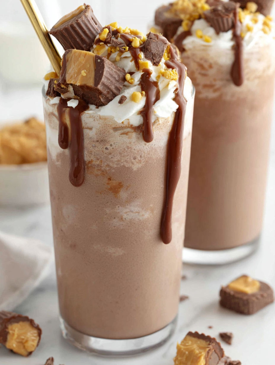 A chocolate milkshake with chocolate chips on top.