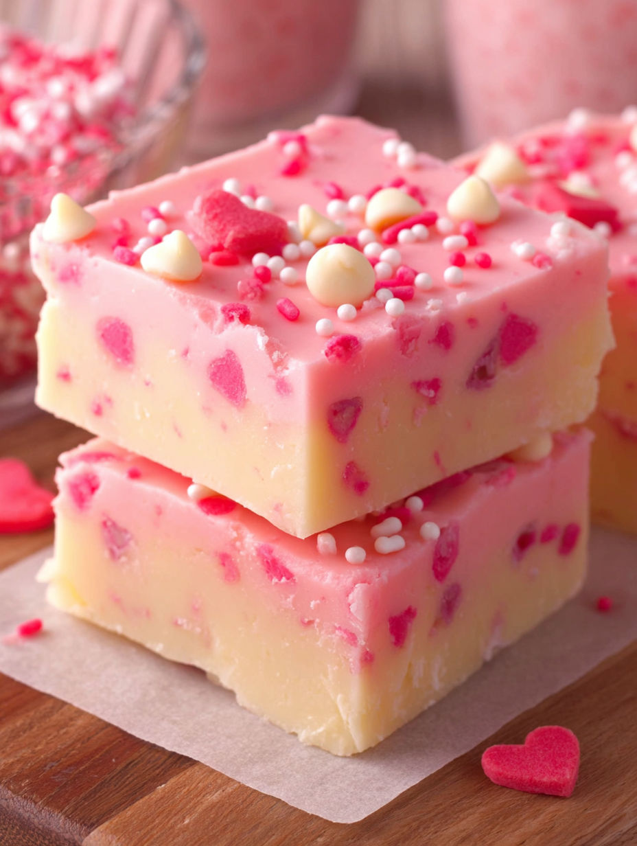 A stack of pink cake with white frosting and pink hearts.