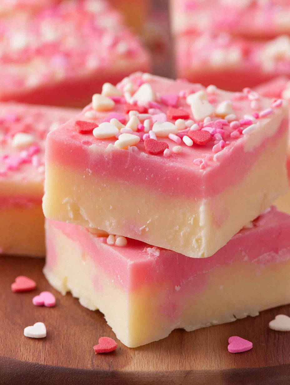 A stack of pink and white cake with pink frosting and white frosting.