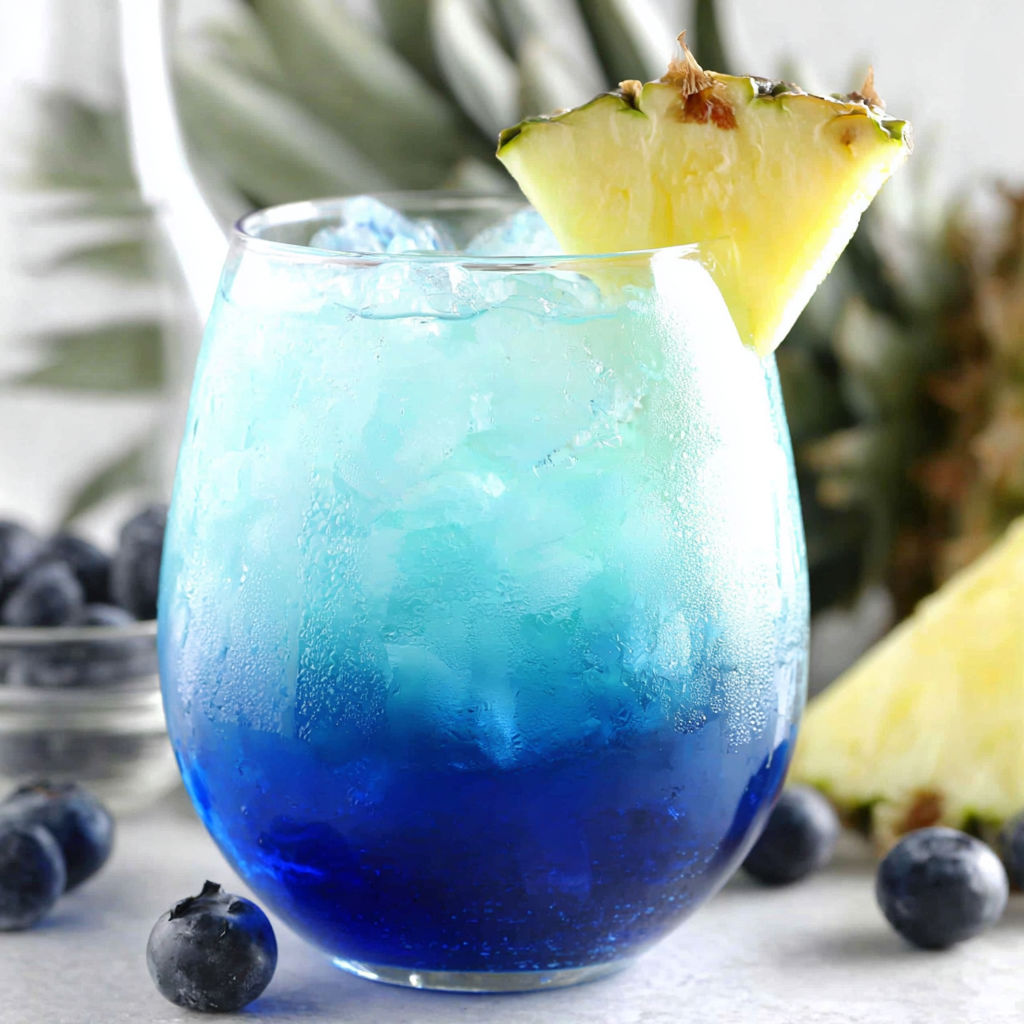 A blue fruit tingle cocktail with a pineapple garnish.