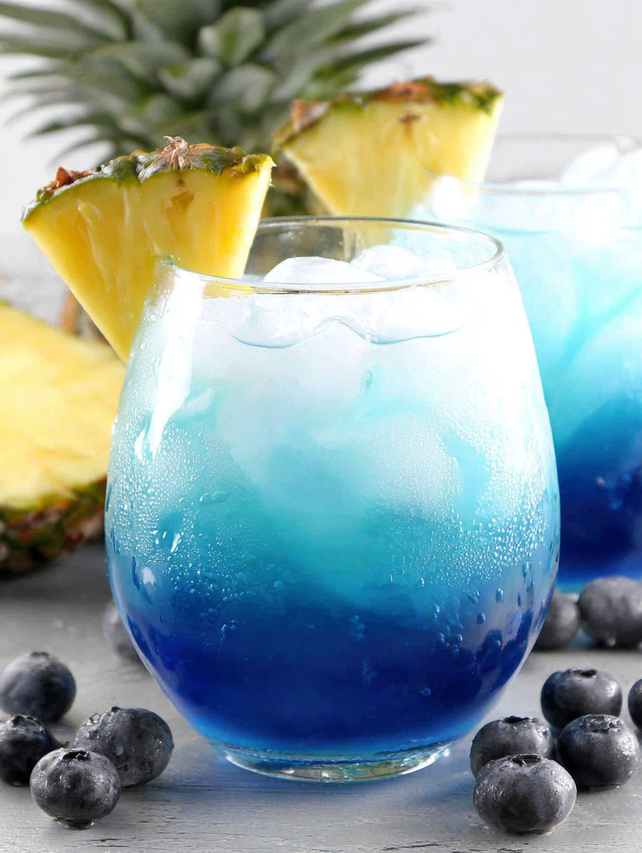 A glass of blue drink with a pineapple wedge in it.