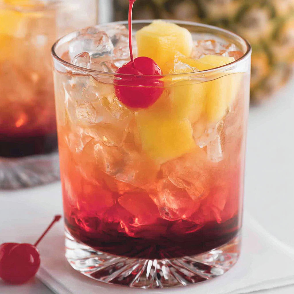 A glass of a campfire cocktail with a cherry on top.