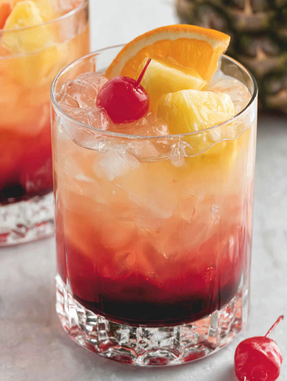 A glass of a campfire cocktail with a cherry on top.